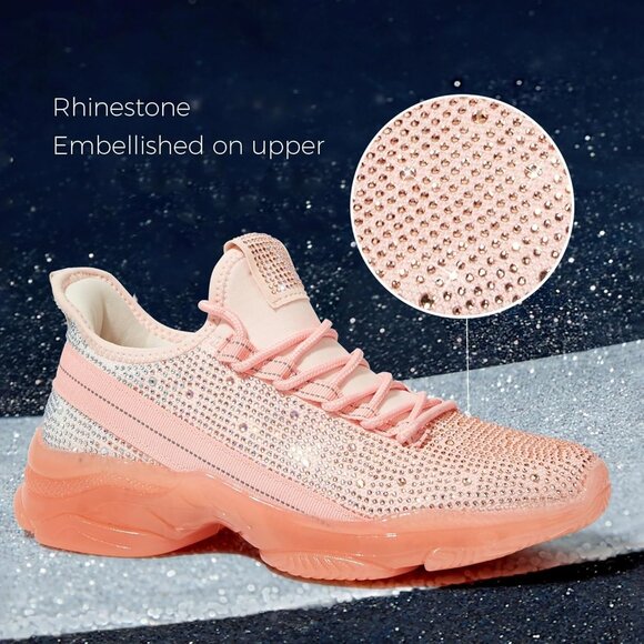 Women's Tan Rhinestone Mesh Slip On Walking Breathable Glitter Sneaker Shoes - Picture 3 of 9